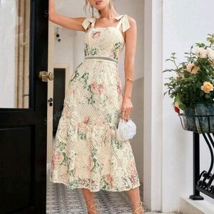 SHEIN Floral Lace Midi Maxi Long Dress Cream Pink M 4 New
